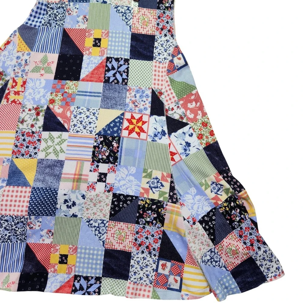 Polo Ralph Lauren Patchwork Quilt Print Waffle‎ Knit Maxi Dress Blue L RARE New - Picture 5 of 15